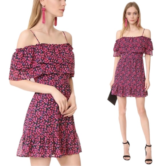 WAYF Daria Off Shoulder Ruffle Dress Berry Ditzy Large - Picture 1 of 16